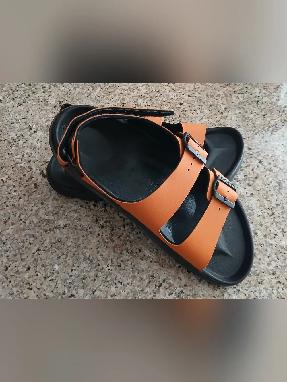 Birkenstock Men’s Orange Dual-Buckle Sandals with Black Buckles
